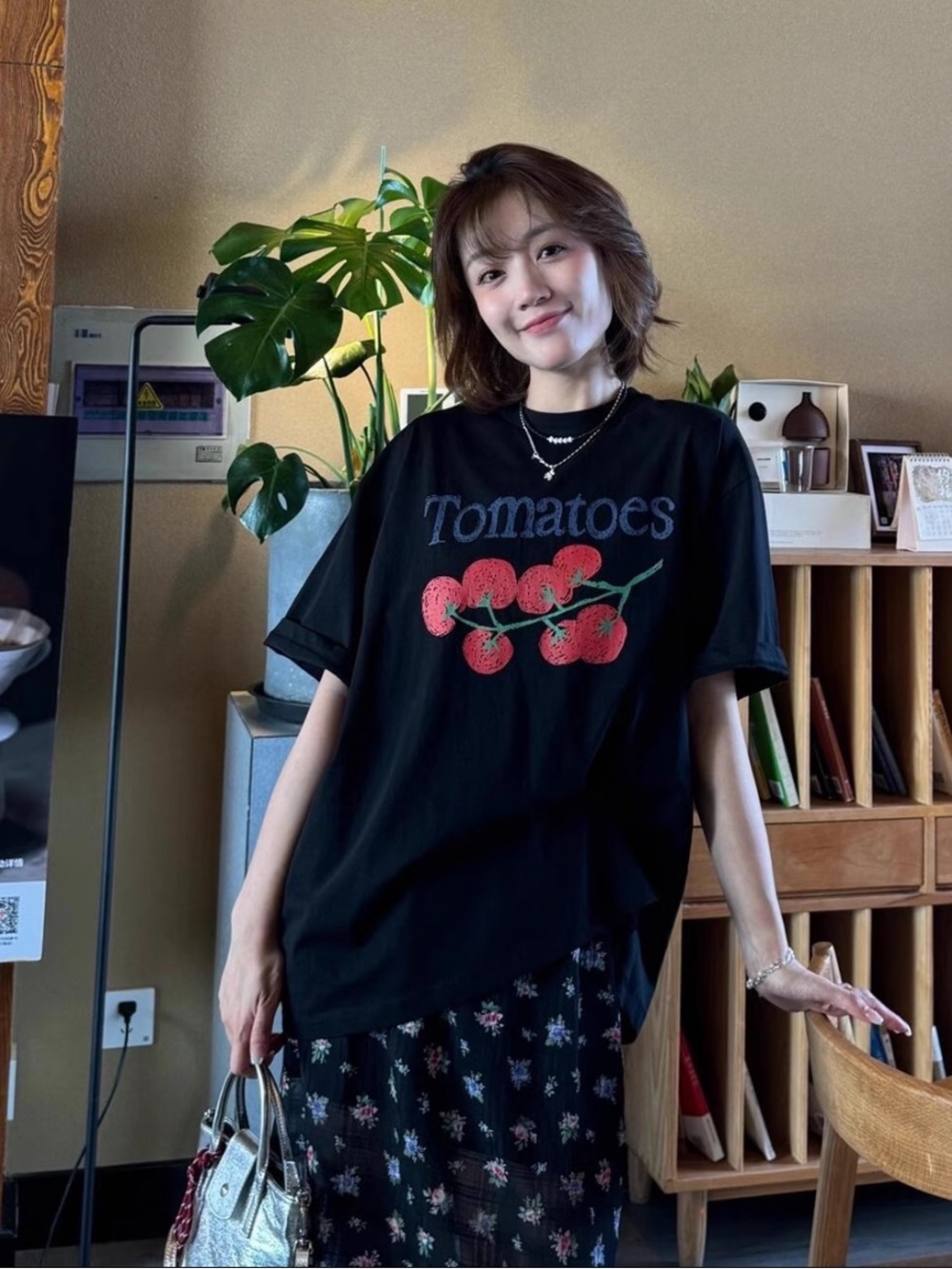 Korean Black 'Tomatoes' Graphic Tee with Floral Skirt Set